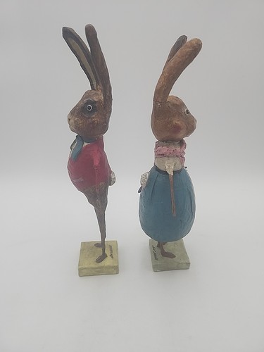 2 *AS IS* Lori Mitchell Figurine Pierre & Phoebe Hare Bunny Rabbit Folk ...