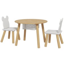 AIYAPLAY Set Tavolo e 2 Sedie per Bambini a Orsetto e Contenitore Legno e Bianco