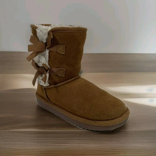 LI NING Stivali Koolaburra UGG Victoria corti metà polpaccio giovanili taglia 1 fiocco linea pelliccia castagno