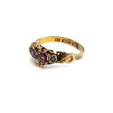 ANTIQUE VICTORIAN ERA AMETHYST ACCENTS ENGRAVING DETAILS RING 15K YG