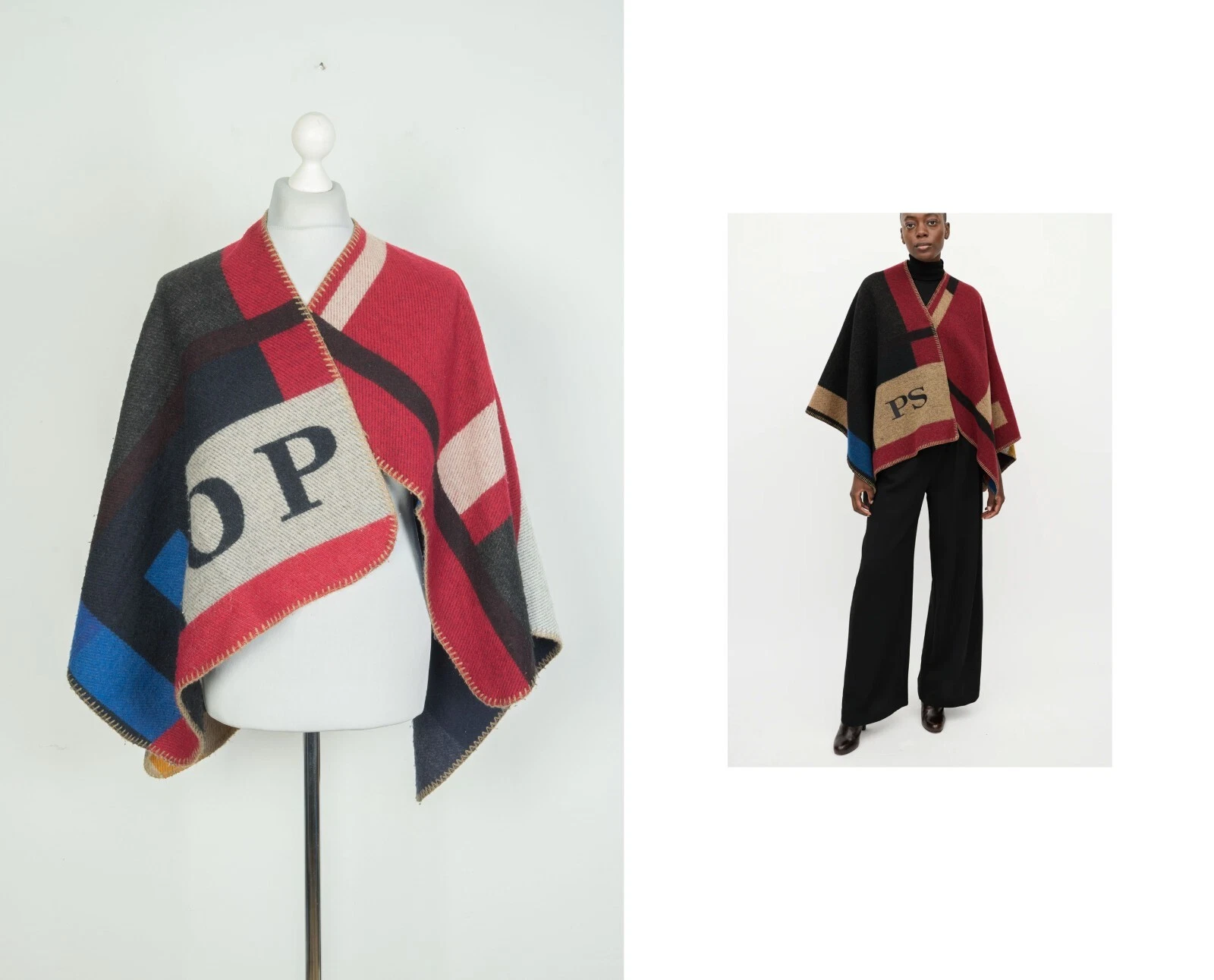 Burberry — Burberry London Wool Color Block Cape Women's Scarf Poncho Plaid One Size