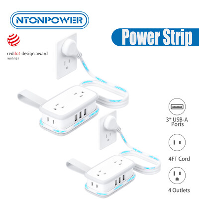 2PCS Travel Power Strip 4Outlets and 3USB W/ 4Ft Short Extension Cord For Cruise