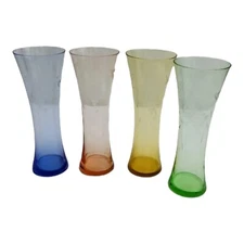 Vintage Mid Century Barware Sacut Etched Colored Pilsner Glass Set of 4