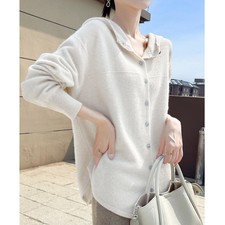 Women's 100 Wool Cashmere Round Neck Hooded Button Knit Cardigan Sweater Coat