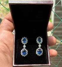 8.50 Ct 14K White Gold Oval Natural Blue Sapphire & Diamond Earring Stud