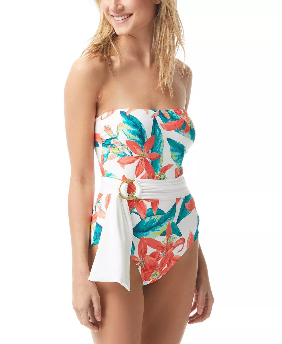 $122 NWT Vince Camuto White Printed Belted Strapless One Piece Swimsuit 12
