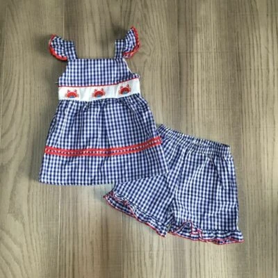NEW Boutique Girls Crab Blue Gingham Outfit Set 4th of July - Image 1 of 2