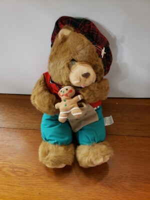 Christmas Bear w Ginger Bread Doll Wearing Plaid Beret Stuffed Plush Doll Toy