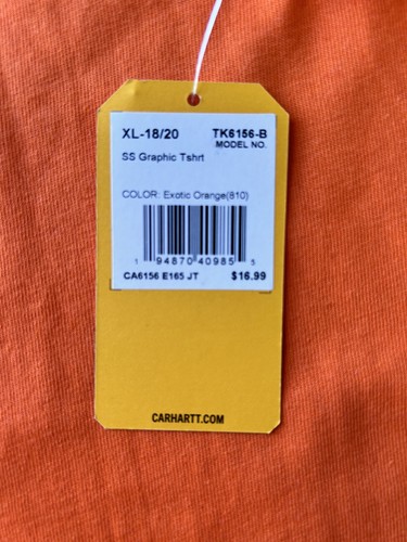 NWT CARHARTT Boys ORANGE TEE SHIRT TOP Size XL 18/20 cotton - Picture 4 of 5
