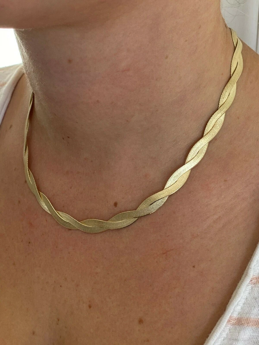 14k Gold Plated Solid 925 Silver Twisted Braided Herringbone