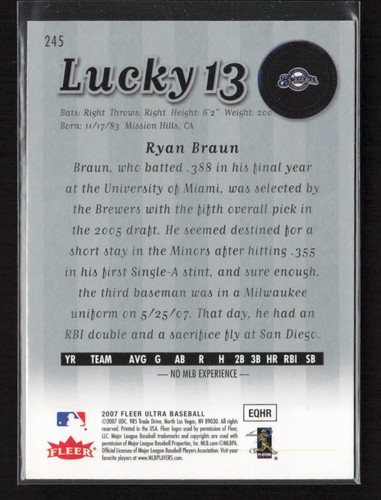 2007 Fleer Ultra #245 Ryan Braun RC Lucky 13 - Picture 2 of 2