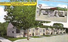 Sundance WY Conoco Gas Station Chevrolet Car Dealer Wyoming Vtg Postcard F35