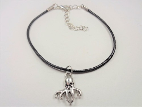 BEACH FASHION NAUTICAL SILVER TONE OCTOPUS VIN & SUE BLACK LEATHER CORD BRACELET - Picture 2 of 5