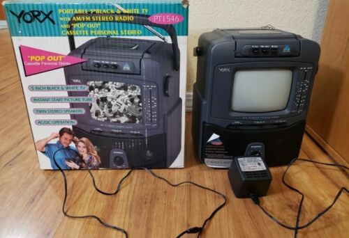 YORX PORTABLE B/W TV, Pop Out CASSETTE, RADIO PT1546 With Box (Works Perfectly)