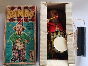 Old 1950s Battery Operated Bimbo The Drumming Clown In Box Japan - Cdbd Head