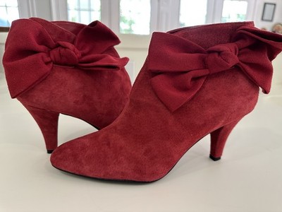 W0MEN'S BIJOU NEW YORK RED SUEDE LEATHER BOOT w/RED BOW 3  HEEL - SIZE 6.5M