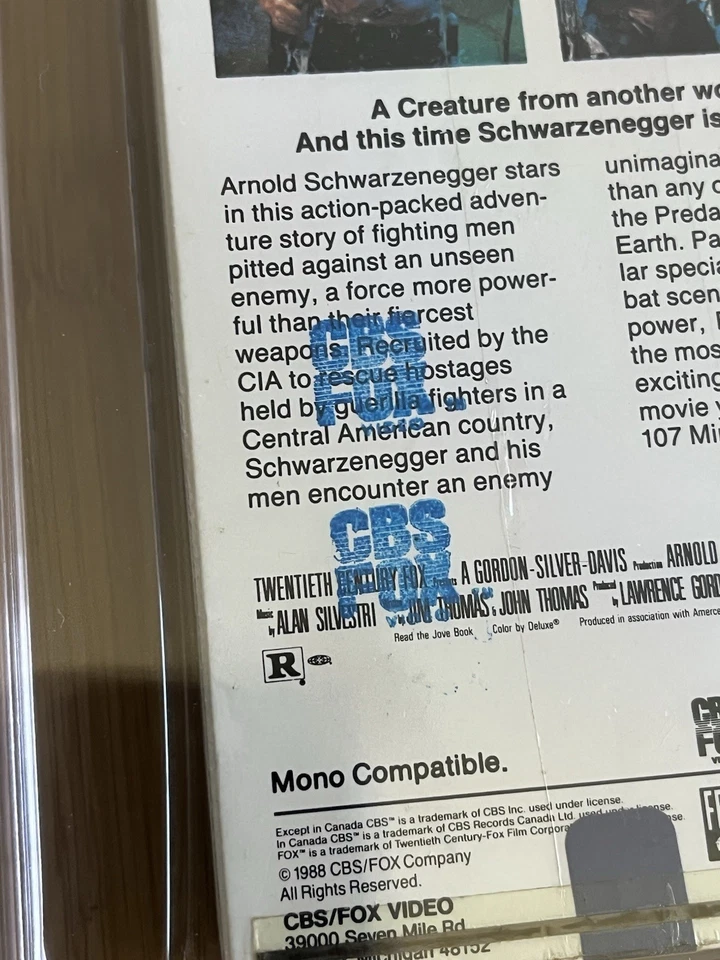 Predator VHS sealed (1988), back blue CBS FOX watermark, CGC 9.4 A seal! - Image 3 of 4