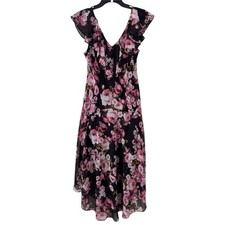 Connected Apparel Dress 12 Black Pink Floral Ruffled Bias Sheer Chiffon Romantic