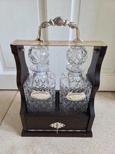 Twin Two Decanter Tantalus with Gin & Whisky Label Tags, Silver Plating, Key