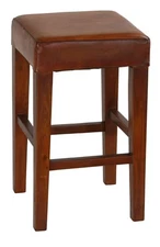 Bare Decor Sally Leather and Teak Wood Square Counter Stool, 26", Brown