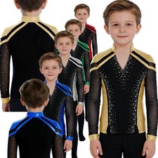 US Kids Boys Tops Dancewear T-Shirts Competition Tee Dance Figure Skating Latin