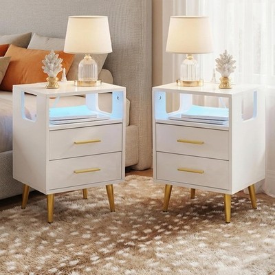 LED Night Stand Set of 2, Modern End Table with Charging Station, High Gloss