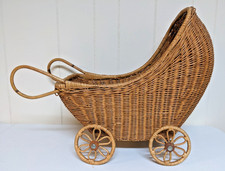 Vtg Natural WICKER RATTAN Hooded Baby Doll Stroller Buggy Carriage 24"l x 18"h