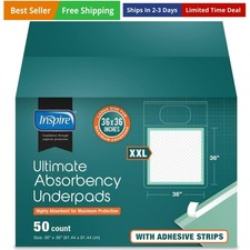 Super and Ultra Absorbent Disposable Bed Pads, 36" X 36", Pack of 50 with Adh...