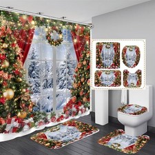 4Pcs Christmas Shower Curtain Set Winter Bathroom Set with Shower Curtain and Ru