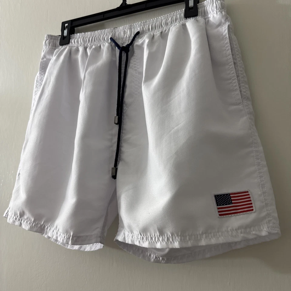 Bañador Exist Swim Hombre Blanco Mediano Bandera EE. UU. Parche Malla Forro Cordón Foto 4 de 4