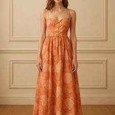 Farm Rio for Anthropologie Orange Floral Maxi Dress Size L Button Front Straps