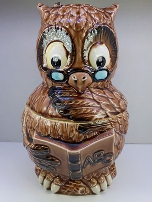 VTG Wise Scholarly Owl Cookie Jar Canister 12  Japan 1970 s Big Eyes Kitschy