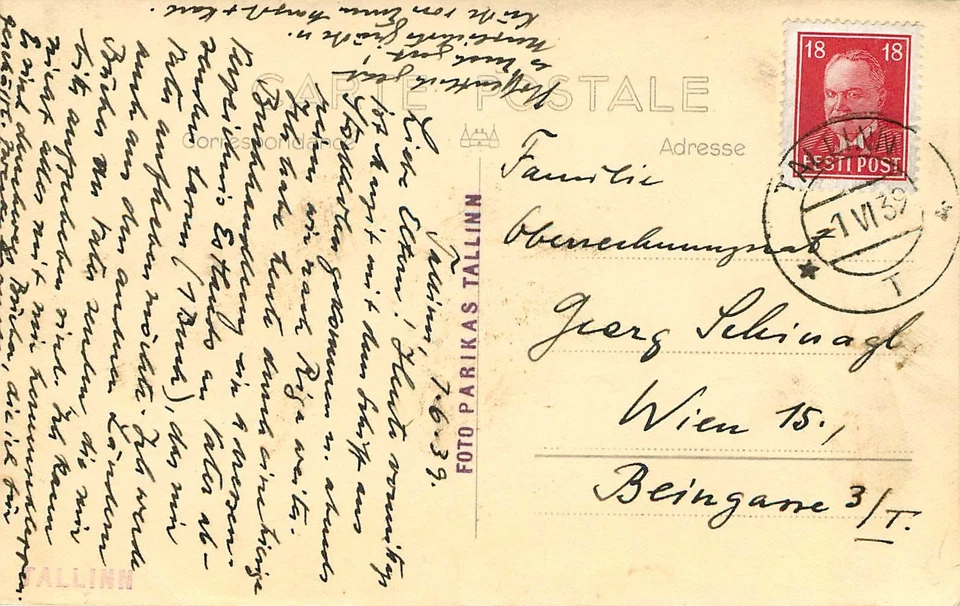 RARE, 1939 ESTONIA-TALLIN TO AUSTRIA FOREIGN SHIPS POSTCARD SUPERB - Image 2 of 2