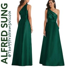Alfred Sung Green Gown With Draped One-shoulder and Pockets