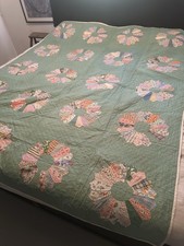 Vintage Hand Stitched Dresden Plate Quilt, 85" x 67" Feed Sack Fabrics