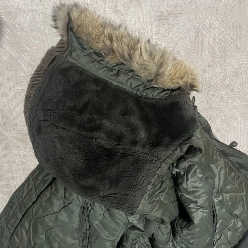 Vtg 80s Very stained Civ N-2B sage green Bomber Jacket heavy attached Hood Sz XL image 11