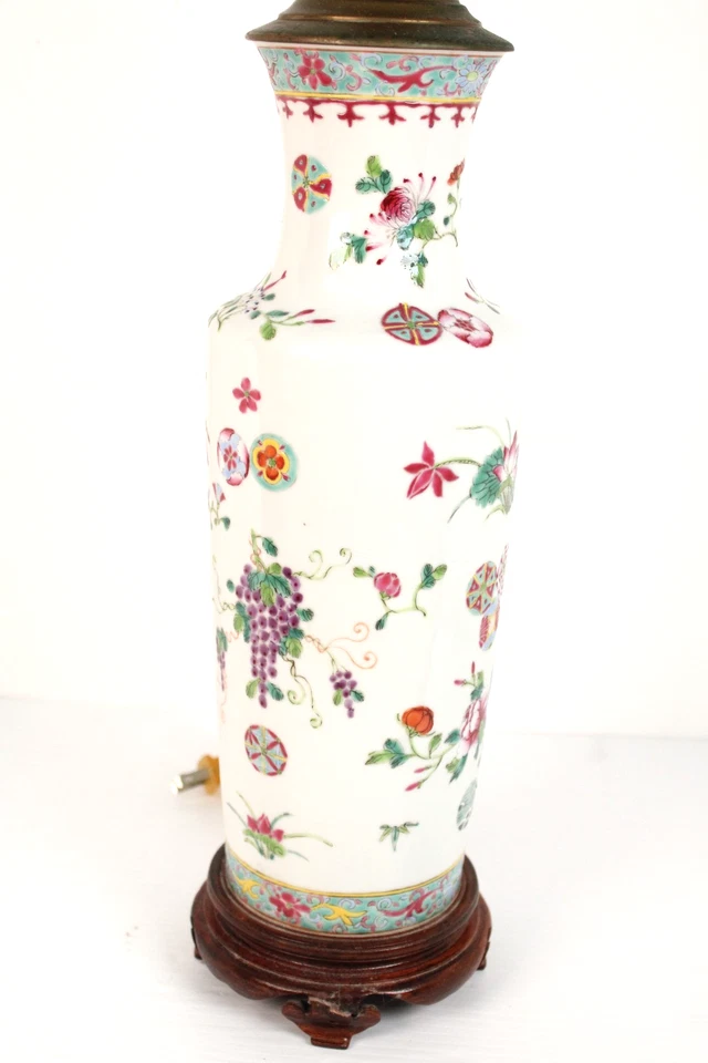 Antique Chinese Famille Rose Grapes Hand Painted Porcelain Vase Lamp - Image 3 of 4