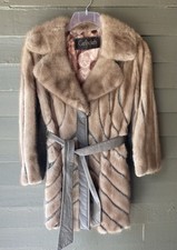 Vintage 60s 70s MCM Mink Fur leather jacket Chevron Stripe Coat belted M L