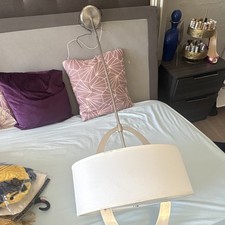 Table Lamp White Fabric Drum Shade Silver Metal Metallic Finish Corded Switch