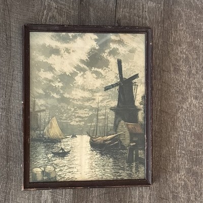 Vintage Heran Chaban Evening in Holland Dutch Harbor Windmill Lithograph Signed 