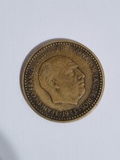 Coin Franco 1 Peseta Year 1953 *54 Star 19-54 Spain Spanish State Scarce