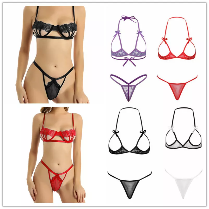 Women Lace Lingerie Set Open Cup Shelf Bra G-String Halter Neck Bra Thong  Suit