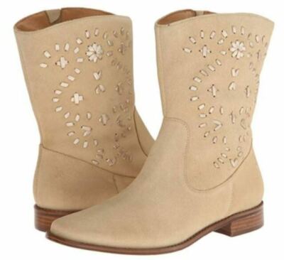 Jack Rogers Kaitlin Ankle Boots Ivory Suede Embroidered Pull On Leather 