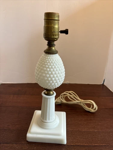 Vintage Hobnail Milk Glass Table Lamp With Milk Glass Base- Small Chip On Corner