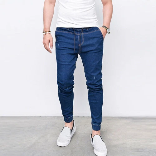 Men Elastic Waist Skinny Denim Casual Pants Slim Fit Ripped Trousers Bottoms - Picture 4 of 16