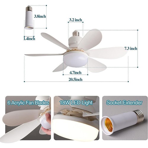 Socket Fan with Light Quiet Ceiling Fan Light 3 Color Dimmable E27 Ceiling Fan - Picture 19 of 27