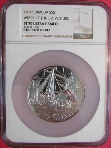 1987 Bermuda Wreck of Sea Venture $5 Proof NGC PF70 UC  TOP POP!! REGISTRY AWARD
