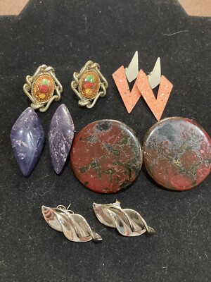 5 Pair Vintage Enameled Earrings Post Back 70 s 80 s Variety Shape Hard Plastic