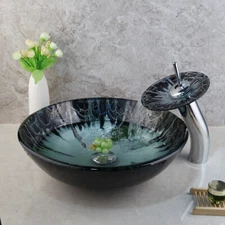 Tempered Glass Hand Painted Bathroom Sink Wash Basin Chrome Mixer Taps Combo