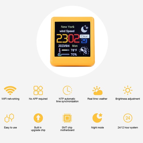 Smart Clock WIFI Weather Clock Screen Temperature&Humidity Desktop Decor Yellow; - Picture 9 of 13